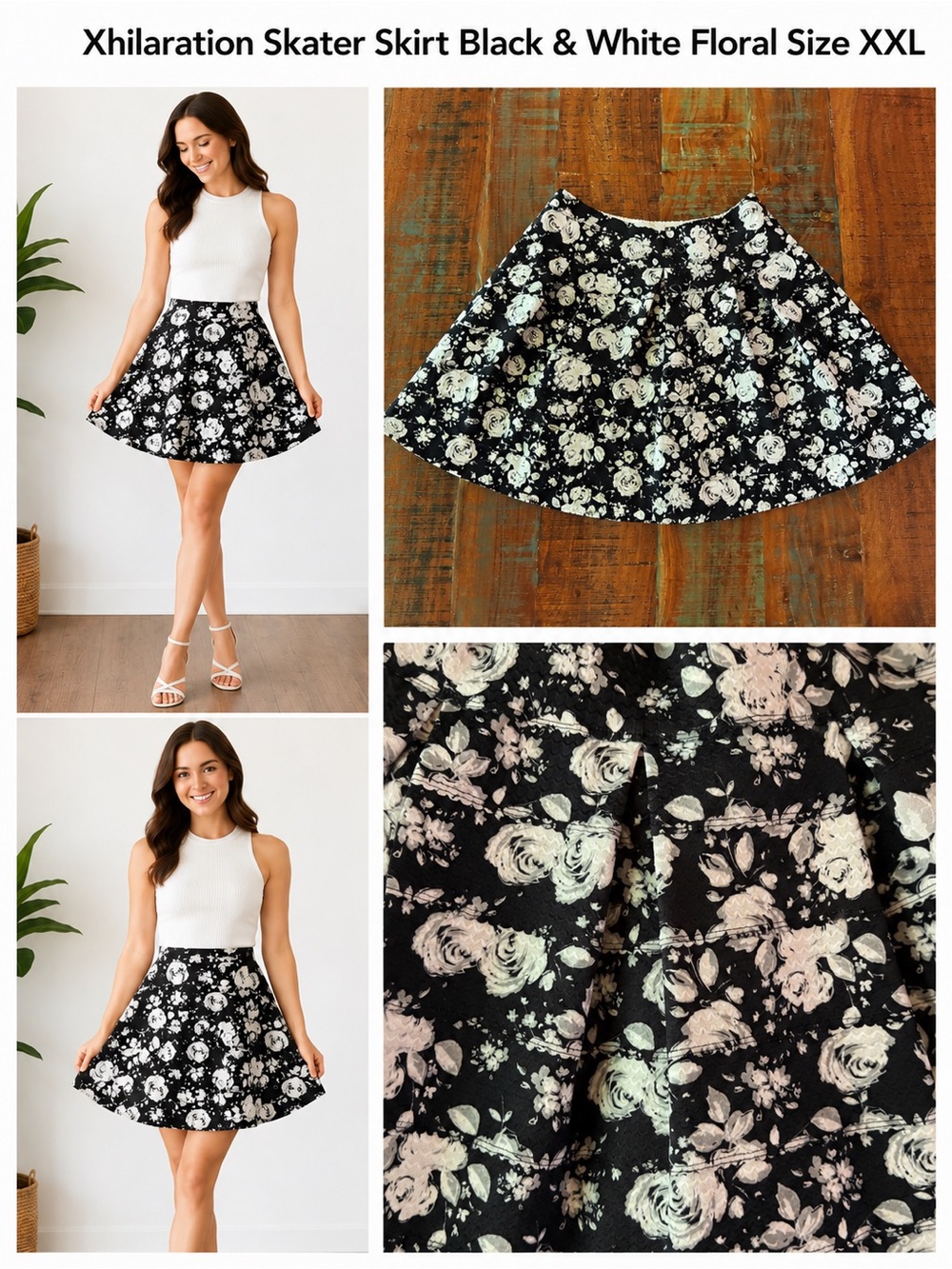 Xhilaration Black & White Floral Skater Skirt XXL NWT Textured A-Line